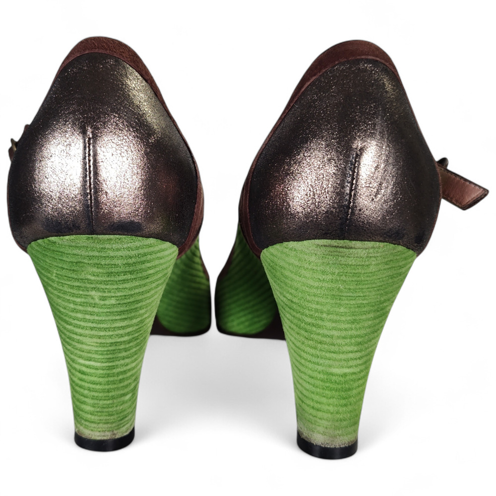 Marc Jacobs Mary Jane Heels 39.5 Green Corduroy Brown Suede Metallic Toe Italy - Picture 8 of 12